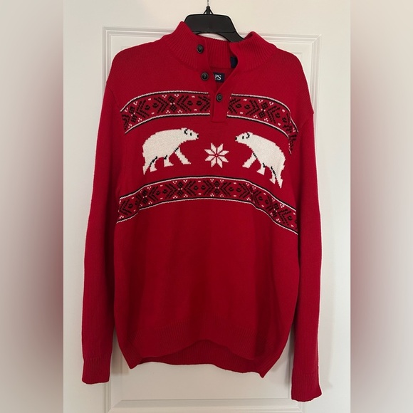 Chaps red collared Christmas polar bear sweater 100% cotton L preppy college - Picture 1 of 7